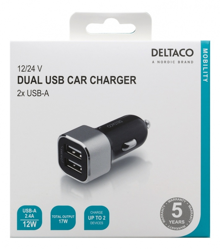 DELTACO USB-billader, 2x USB-A, 2,4 A, totalt 17 W