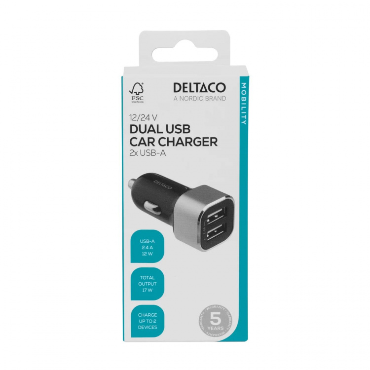 DELTACO USB-billader, 2x USB-A, 2,4 A, totalt 17 W
