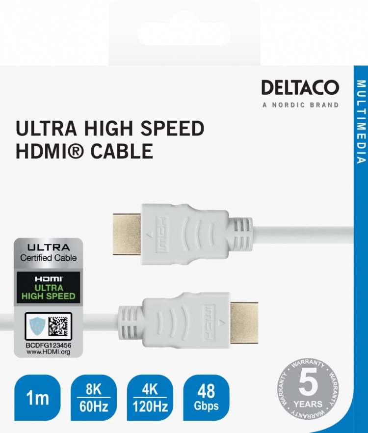 DELTACO ULTRA høyhastighets HDMI-kabel, 48 Gbps, 1 m, hvit
