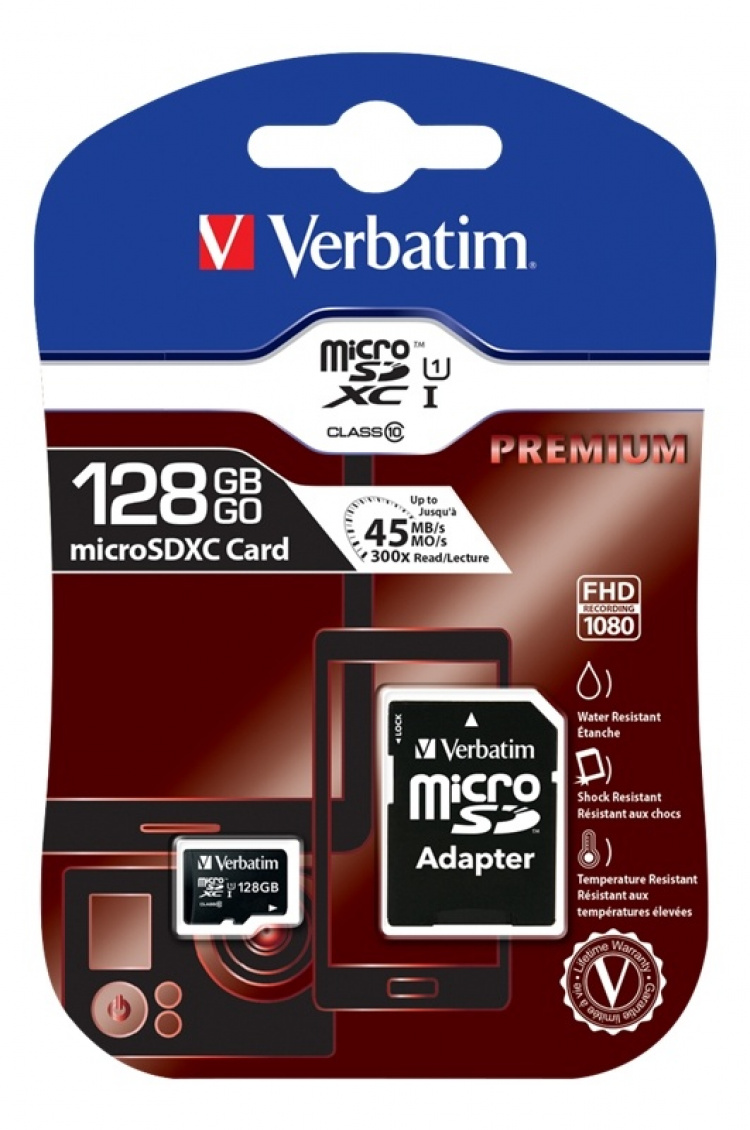 Verbatim microSDXC-kort, 128GB, inkl.adapter, klasse 10