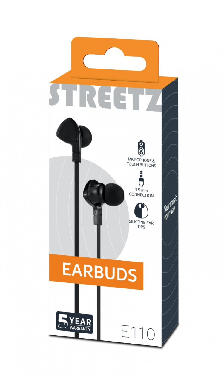 Streetz In-ear-hodetelefoner med mikrofon, media/svar-knapp, 3,5 mm, flokerfri