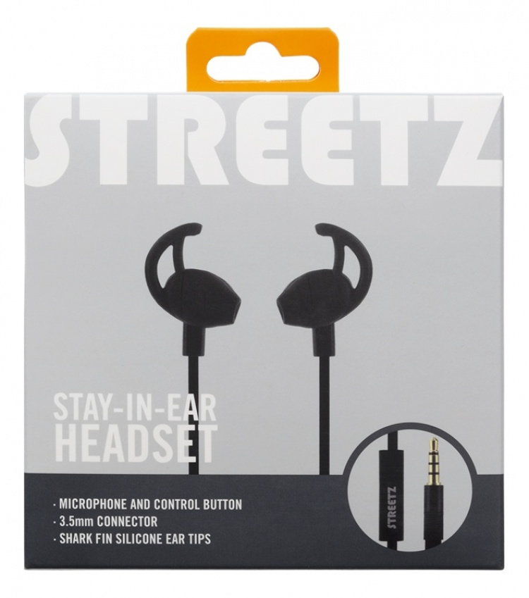 Streetz Stay-in-ear-hodetelefoner med mikrofon, media/svar-knapp, 3,5 mm, svart