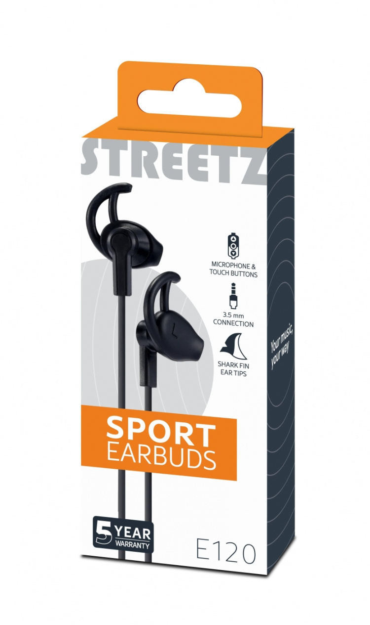 Streetz Stay-in-ear-hodetelefoner med mikrofon, media/svar-knapp, 3,5 mm, svart