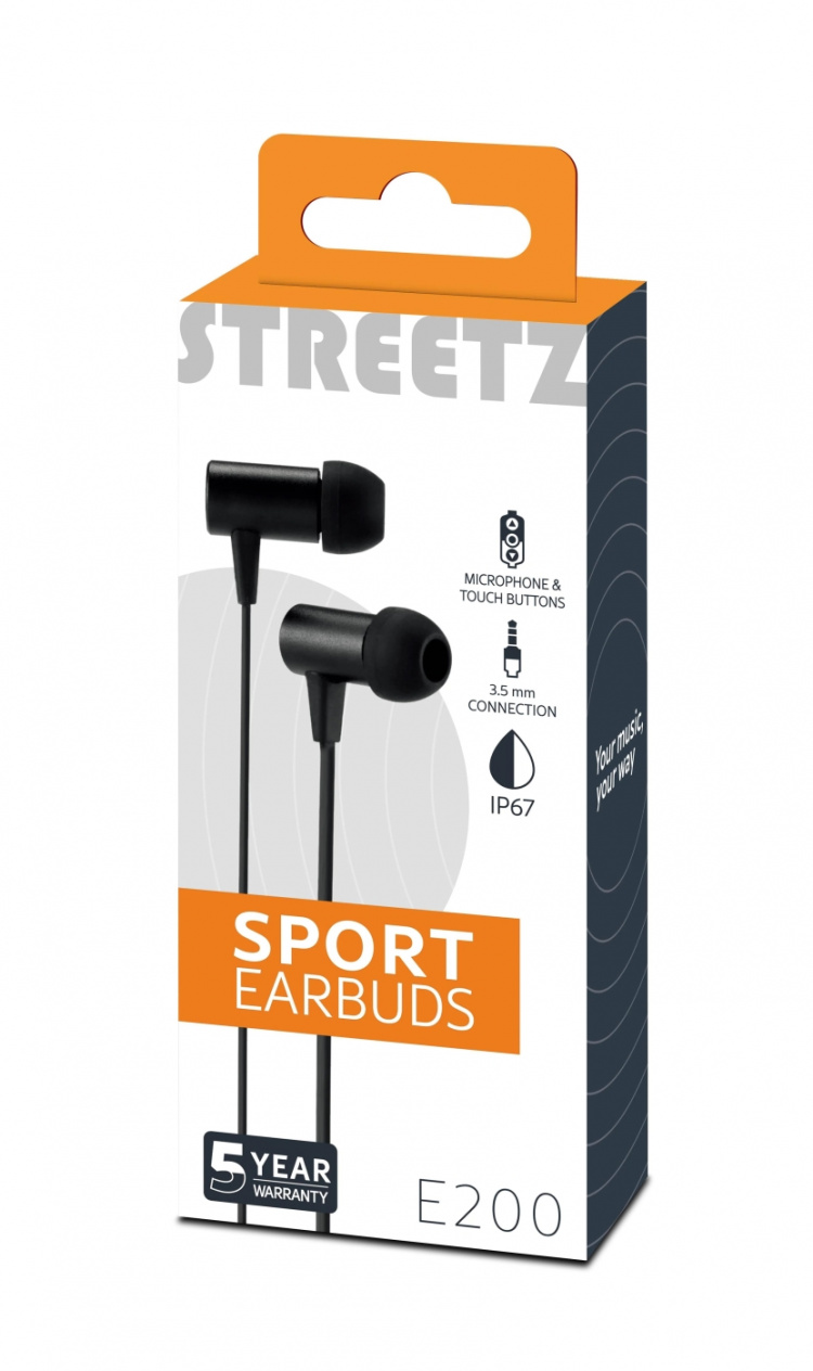 Streetz Vanntette in-ear-hodetelefoner med mikrofon, media/svar-knapp, 3,5 mm, IP-67