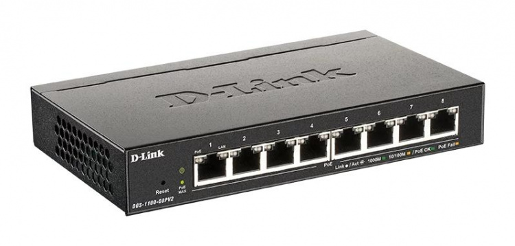 D-Link 8-port PoE Gigabit Smart Managed Switch, vifteløs design