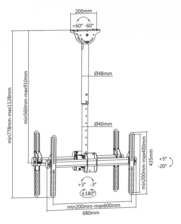 DELTACO OFFICE Teleskopisk dobbelt monitor takfeste, 37-70