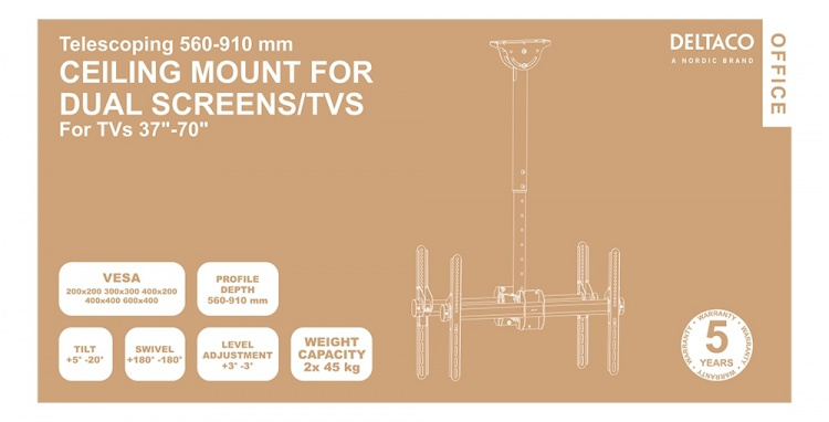 DELTACO OFFICE Teleskopisk dobbelt monitor takfeste, 37-70