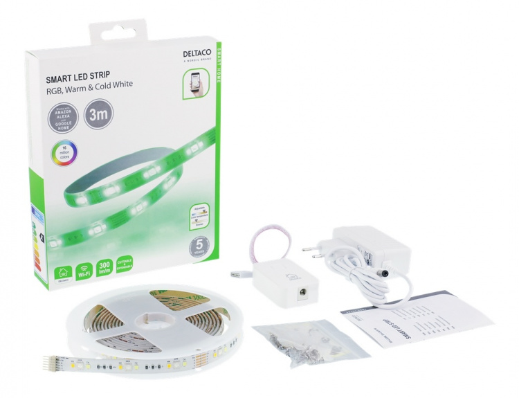DELTACO SMART HOME LED-stripe, RGB, 2700K-6500K, 3m, WiFi 2,4GHz, hvit