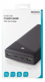 DELTACO Powerbank 30 000 mAh, 1x USB-C, 2x USB-A, hurtiglading