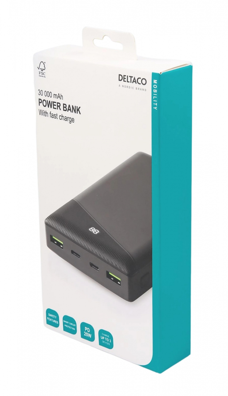 DELTACO Powerbank 30 000 mAh, 1x USB-C, 2x USB-A, hurtiglading