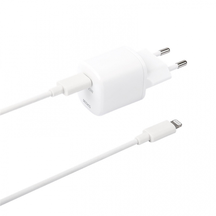 DELTACO USB-vegglader, USB-C, PD 20 W, inkludert 1 m C til Lightning