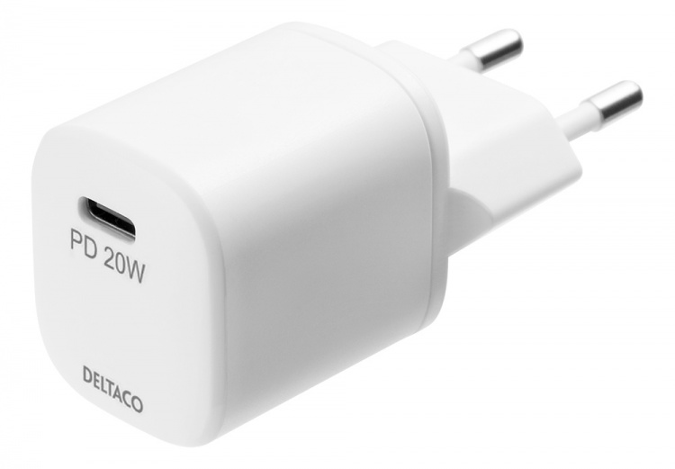 DELTACO USB-vegglader, USB-C, PD 20 W, inkludert 1 m C til Lightning