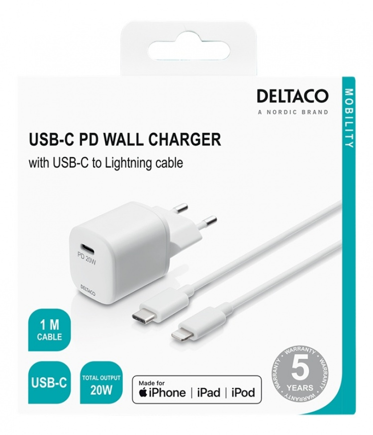 DELTACO USB-vegglader, USB-C, PD 20 W, inkludert 1 m C til Lightning