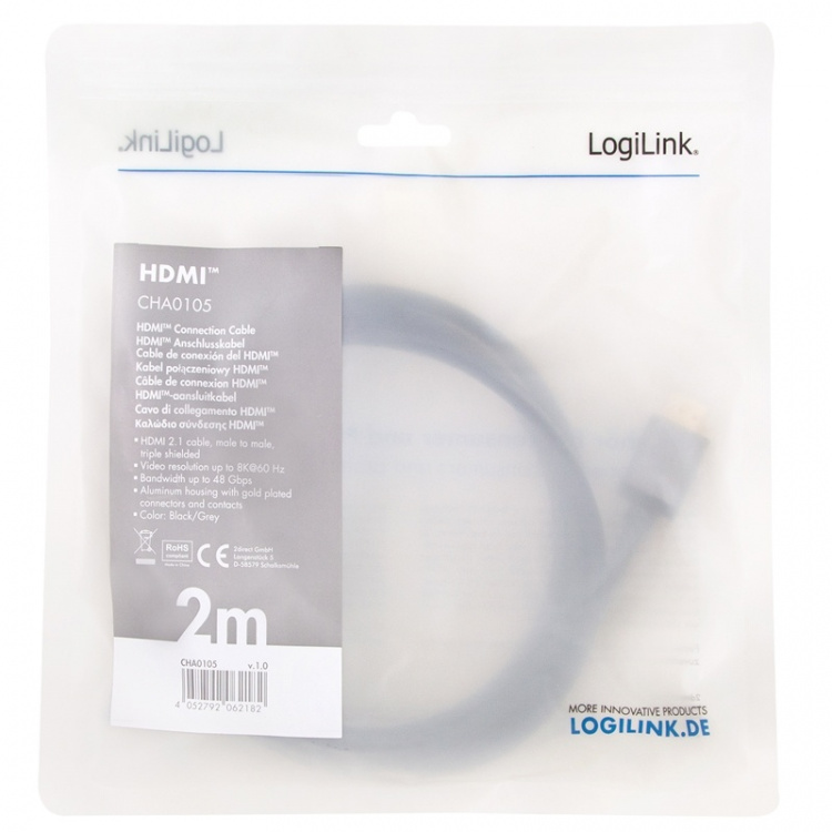 LogiLink HDMI-kabel med ultrahøy hastighet 8K/60 4K/120 Hz, 2 m LogiLink HDMI-kabel med ultrahøy hastighet 8K/60 4K/120 Hz, 2 m
