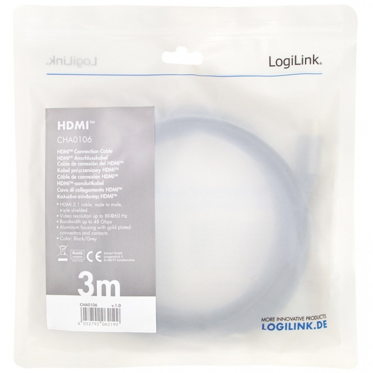 LogiLink HDMI-kabel med ultrahøy hastighet 8K/60 4K/120 Hz, 3 m LogiLink HDMI-kabel med ultrahøy hastighet 8K/60 4K/120 Hz, 3 m