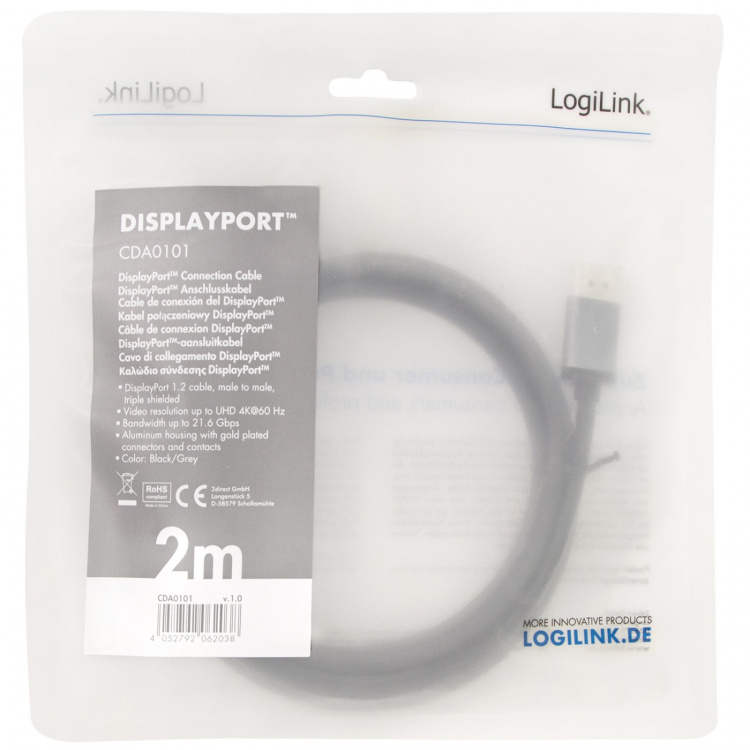 LogiLink DisplayPort-kabel 4K/60 Hz, aluminium, 2 m