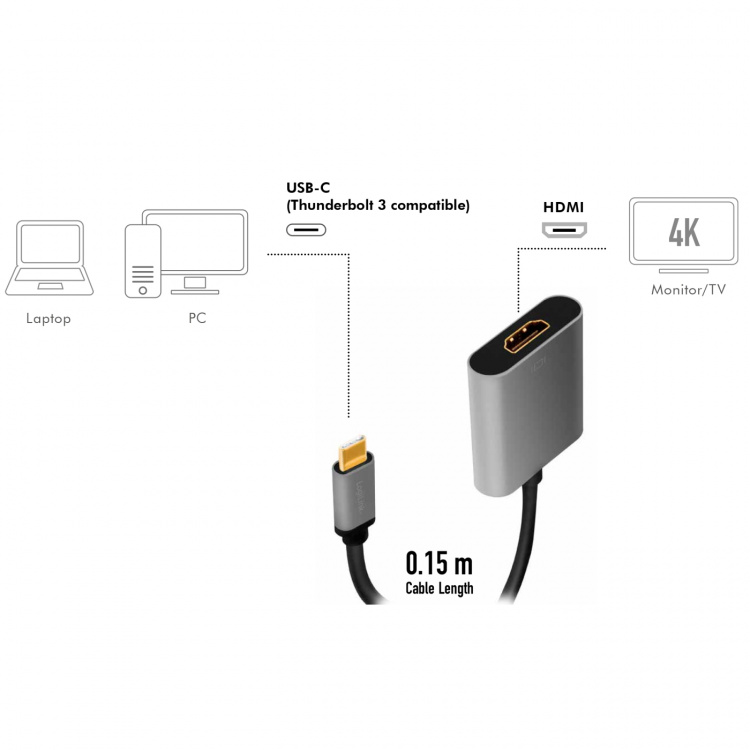 LogiLink USB-C -> HDMI-adapter 4K/60 Hz Aluminium 15 cm