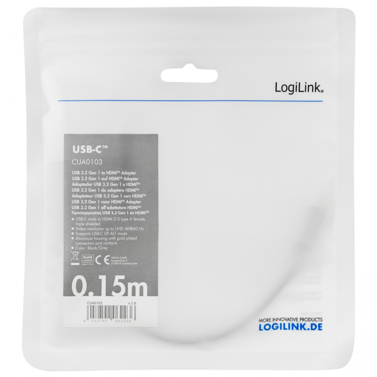 LogiLink USB-C -> HDMI-adapter 4K/60 Hz Aluminium 15 cm