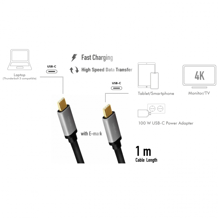 LogiLink USB-C-kabel USB 3.2 Gen2 PD 3.0 100W 10Gbps 4K/60Hz Aluminium 1m