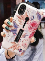 Moteveske med fingerholder - iPhone 12/12 Pro, Hvit med blomster