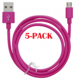 5-PACK Kabel USB-A - MicroUSB 2,4A, 1 m, rosa