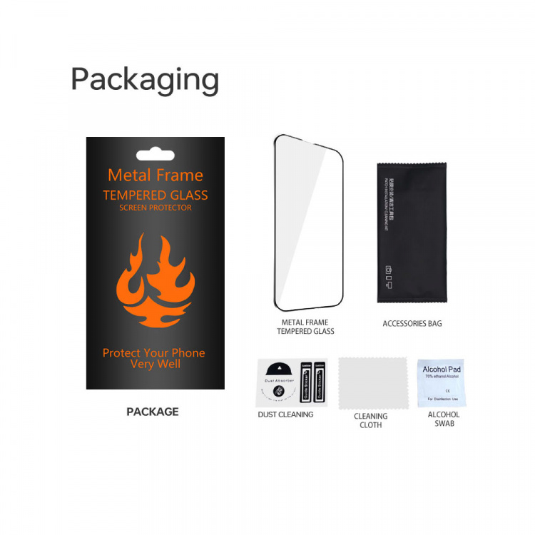 Skjermbeskytter i herdet glass med metallramme, iPhone 16 Pro Max Skjermbeskytter i herdet glass med metallramme, iPhone 16 Pro Max