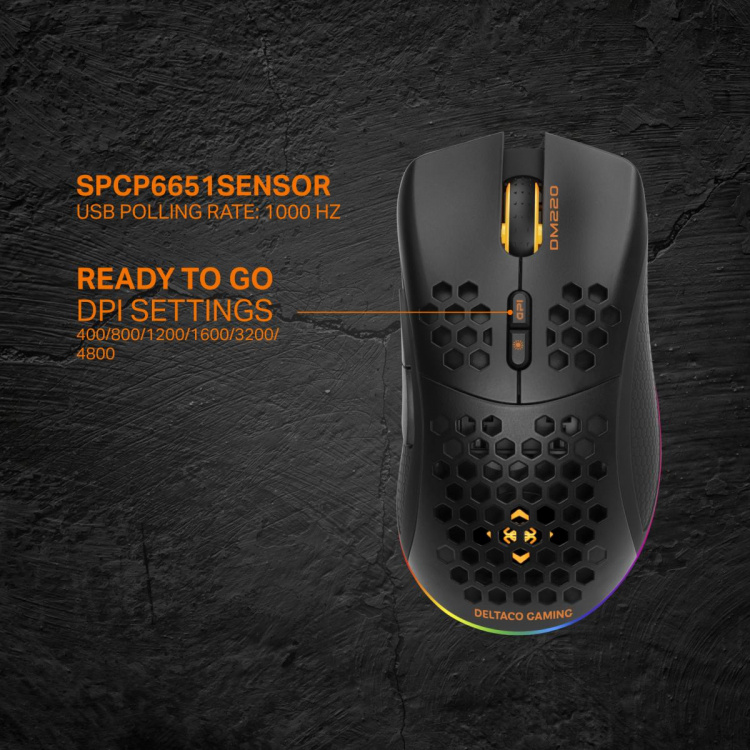 DELTACO GAMING DM220 Trådløs lettvekts gamingmus, RGB, svart DELTACO GAMING DM220 Trådløs lettvekts gamingmus, RGB, svart