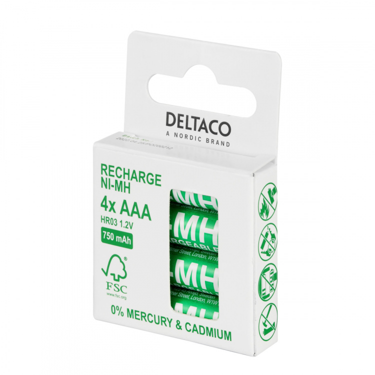 DELTACO Ultimate Ni-Mh oppladbar, LR03/AAA-størrelse, 750 mAh, 4-pk (SG)