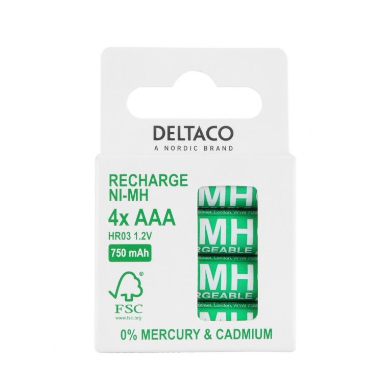 DELTACO Ultimate Ni-Mh oppladbar, LR03/AAA-størrelse, 750 mAh, 4-pk (SG)
