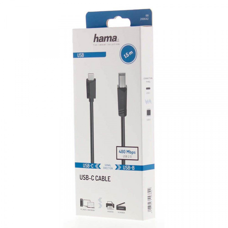 Hama Kabel USB-C til USB-B 480 Mbps 1.5m Svart