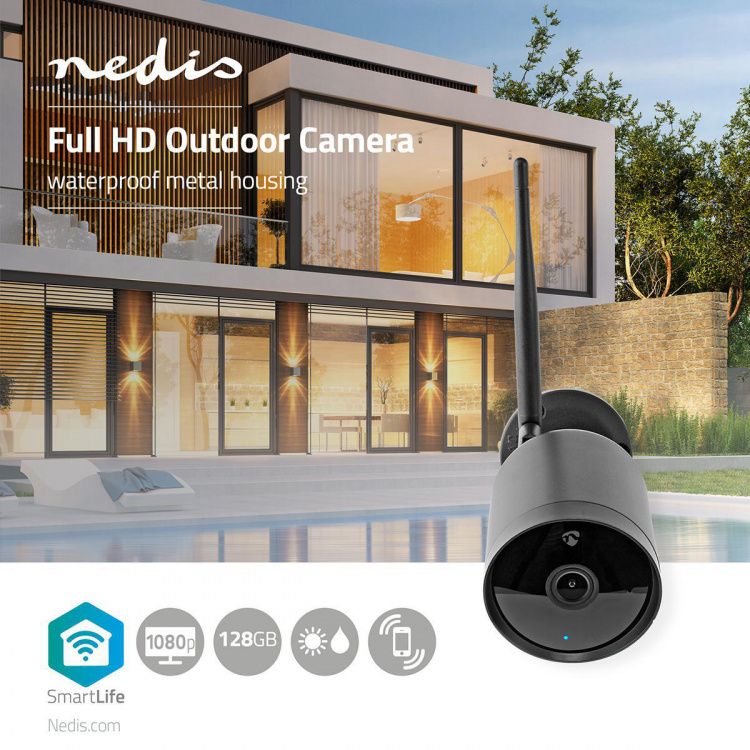 Nedis SmartLife Utendørs kamera | Full HD 1080p | IP65 | Cloud Storage (valgfritt) / microSD (ikke inkludert) | 12 V DC | Med bevegelses sensor | Nattsyn | Sort