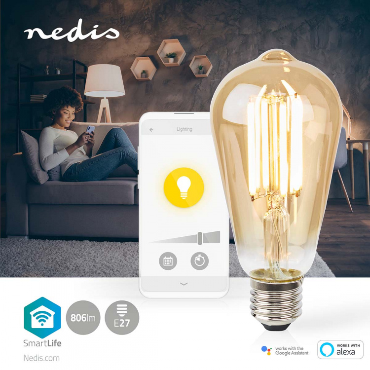 Nedis SmartLife LED Lyspære | Wi-Fi | E27 | 806 lm | 7 W | Varm Hvit | 1800 - 3000 K | Glass | Android™ / IOS | ST64 | 1 stk