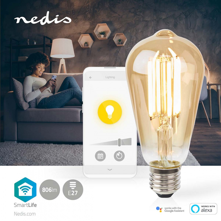 Nedis SmartLife LED Lyspære | Wi-Fi | E27 | 806 lm | 7 W | Varm Hvit | 1800 - 3000 K | Glass | Android™ / IOS | ST64 | 1 stk
