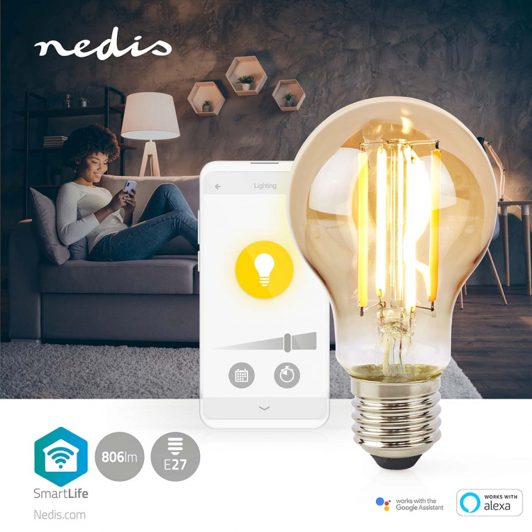 Nedis SmartLife LED Lyspære | E27 | 806 lm | 7 W | Varm Hvit | 1800 - 3000 K | Glass | Android™ / IOS | pære | 1 stk