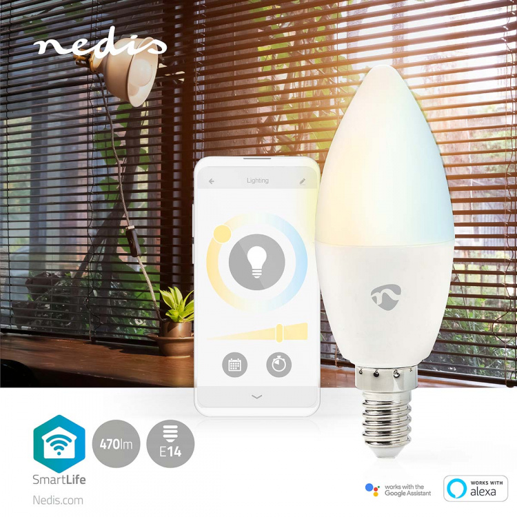 Nedis SmartLife LED-Pære | Wi-Fi | E14 | 470 lm | 4.90 W | Varm til avkjølt hvitt | 2700 - 6500 K | Android™ / IOS | Lyshvit | 1 stk Nedis SmartLife LED-Pære | Wi-Fi | E14 | 470 lm | 4.90 W | Varm til avkjølt hvitt | 2700 - 6500 K | Android™ / IOS | Lyshvit | 1 stk