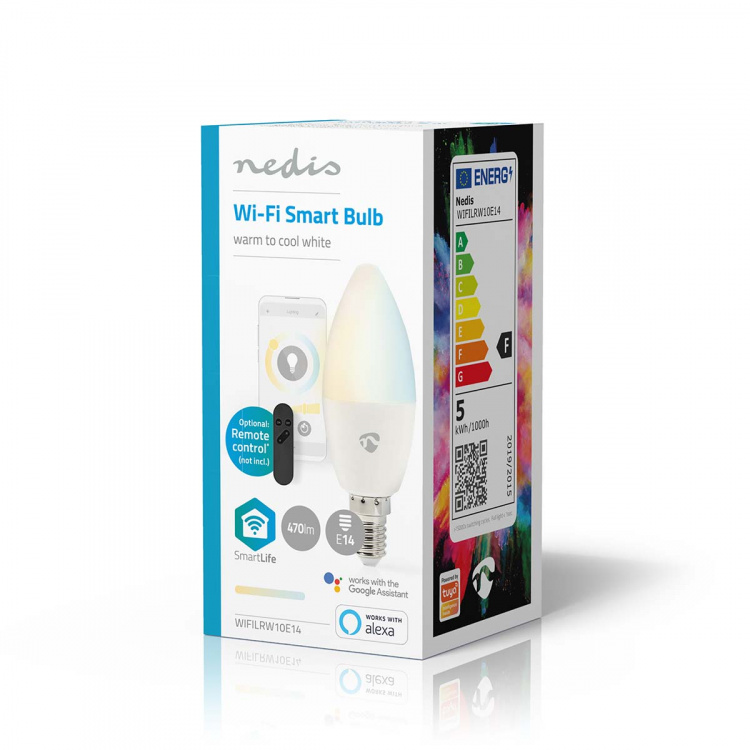 Nedis SmartLife LED-Pære | Wi-Fi | E14 | 470 lm | 4.90 W | Varm til avkjølt hvitt | 2700 - 6500 K | Android™ / IOS | Lyshvit | 1 stk Nedis SmartLife LED-Pære | Wi-Fi | E14 | 470 lm | 4.90 W | Varm til avkjølt hvitt | 2700 - 6500 K | Android™ / IOS | Lyshvit | 1 stk