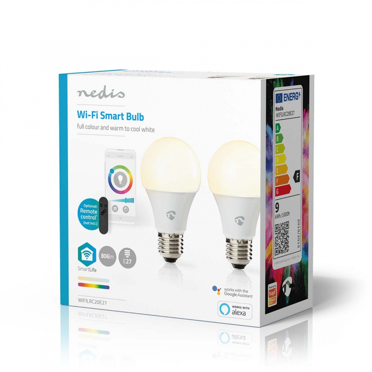 Nedis SmartLife Fullfarge LED-Pære | E27 | 806 lm | 9 W | RGB / Varm til avkjølt hvitt | 2700 - 6500 K | Android™ / IOS | pære | 2 stk