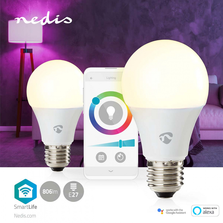 Nedis SmartLife Fullfarge LED-Pære | E27 | 806 lm | 9 W | RGB / Varm til avkjølt hvitt | 2700 - 6500 K | Android™ / IOS | pære | 2 stk