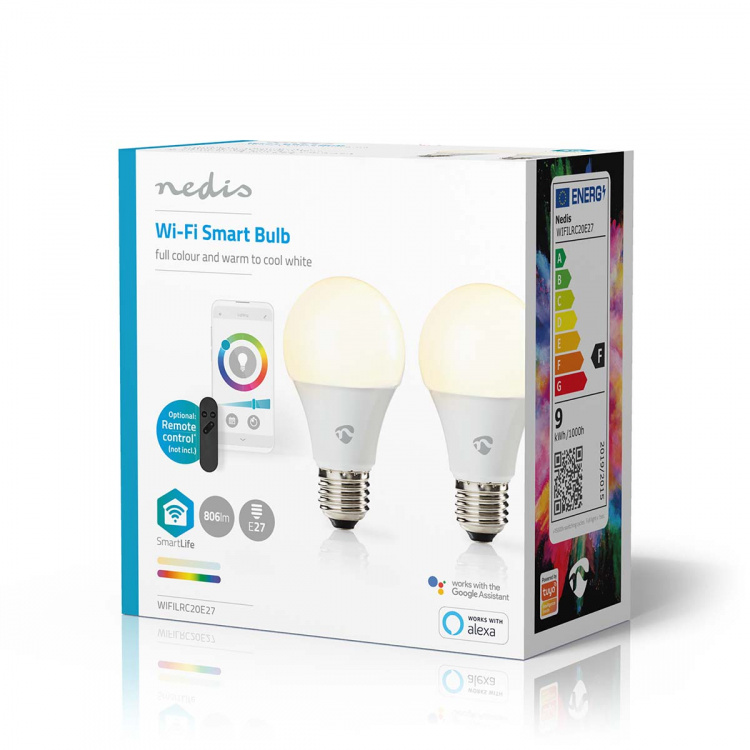 Nedis SmartLife Fullfarge LED-Pære | E27 | 806 lm | 9 W | RGB / Varm til avkjølt hvitt | 2700 - 6500 K | Android™ / IOS | pære | 2 stk