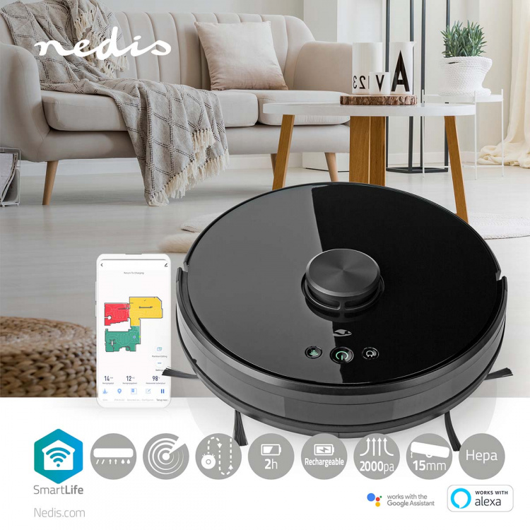 Nedis SmartLife Robot Støvsuger | Lasernavigasjon | Wi-Fi | Kapasitet Collection Reservoir: 0.6 l | Automatsik lading | Maksimal driftstid: 2 timer | Sort | Android™ / IOS Nedis SmartLife Robot Støvsuger | Lasernavigasjon | Wi-Fi | Kapasitet Collection Reservoir: 0.6 l | Automatsik lading | Maksimal driftstid: 2 timer | Sort | Android™ / IOS