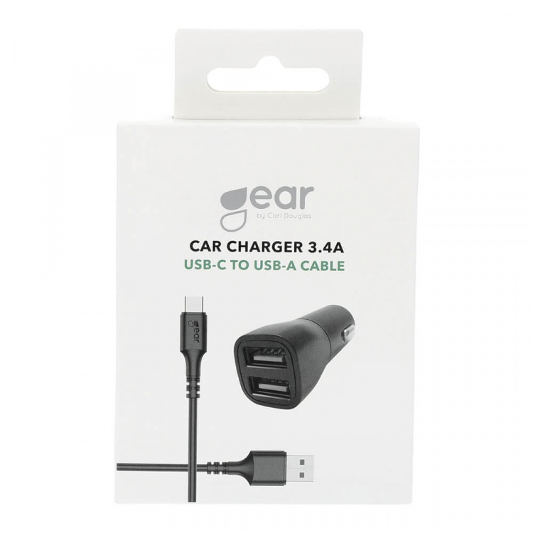 Gear Lader 12-24V 2xUSB 3.4A Svart USB-C 2.0 Kabel 1m