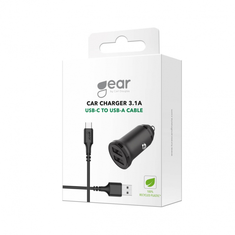 Gear Lader 12-24V 2xUSB 3.4A Svart USB-C 2.0 Kabel 1m