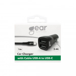 Gear Lader 12-24V 2xUSB 3.4A Svart USB-C 2.0 Kabel 1m