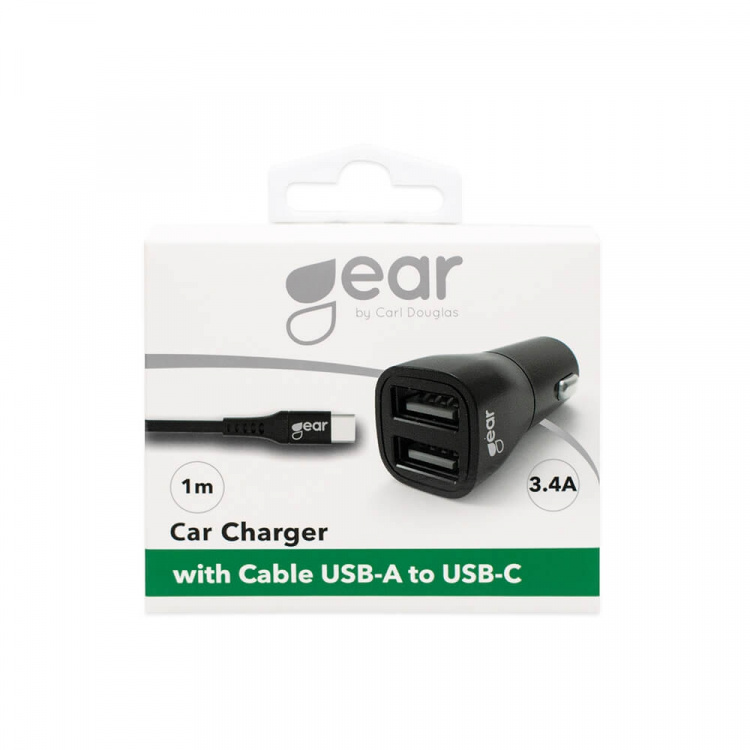 Gear Lader 12-24V 2xUSB 3.4A Svart USB-C 2.0 Kabel 1m