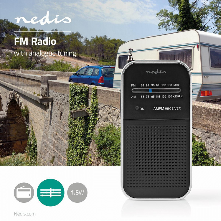 Nedis FM-radio | Bærbar design | AM / FM | Batteri drevet | Analog | 1.5 W | Svart hvit skerm | Hodetelefonutgang | IP20 | Aluminium / Sort Nedis FM-radio | Bærbar design | AM / FM | Batteri drevet | Analog | 1.5 W | Svart hvit skerm | Hodetelefonutgang | IP20 | Aluminium / Sort