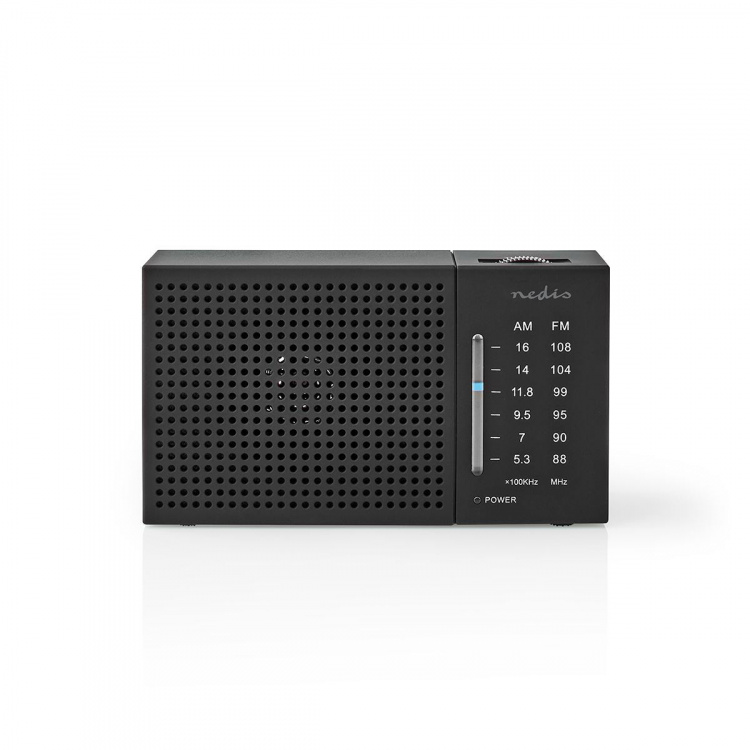 Nedis FM-radio | Bærbar design | AM / FM | Batteri drevet | Analog | 1.5 W | Svart hvit skerm | Hodetelefonutgang | IP20 | Sort Nedis FM-radio | Bærbar design | AM / FM | Batteri drevet | Analog | 1.5 W | Svart hvit skerm | Hodetelefonutgang | IP20 | Sort