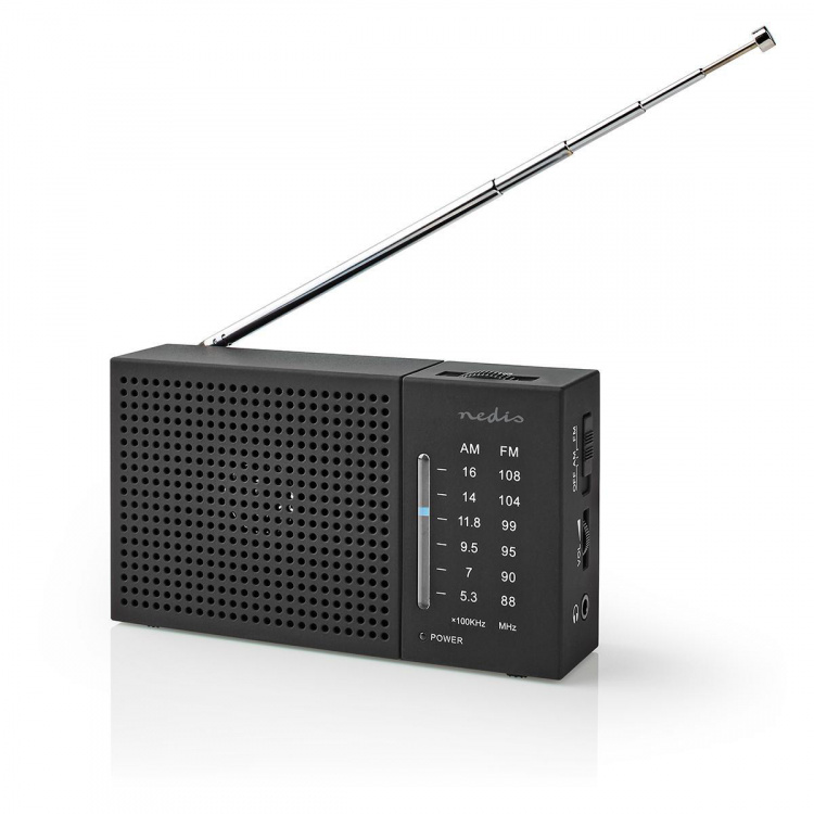 Nedis FM-radio | Bærbar design | AM / FM | Batteri drevet | Analog | 1.5 W | Svart hvit skerm | Hodetelefonutgang | IP20 | Sort Nedis FM-radio | Bærbar design | AM / FM | Batteri drevet | Analog | 1.5 W | Svart hvit skerm | Hodetelefonutgang | IP20 | Sort