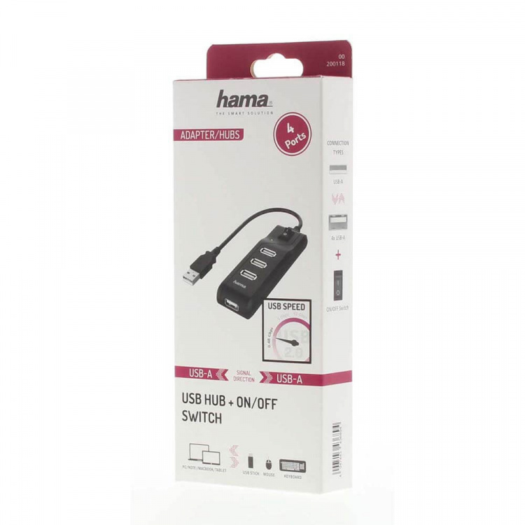 Hama Hub USB-A 2.0 Switch 4x Ports 480 Mbit/s Svart Hama Hub USB-A 2.0 Switch 4x Ports 480 Mbit/s Svart