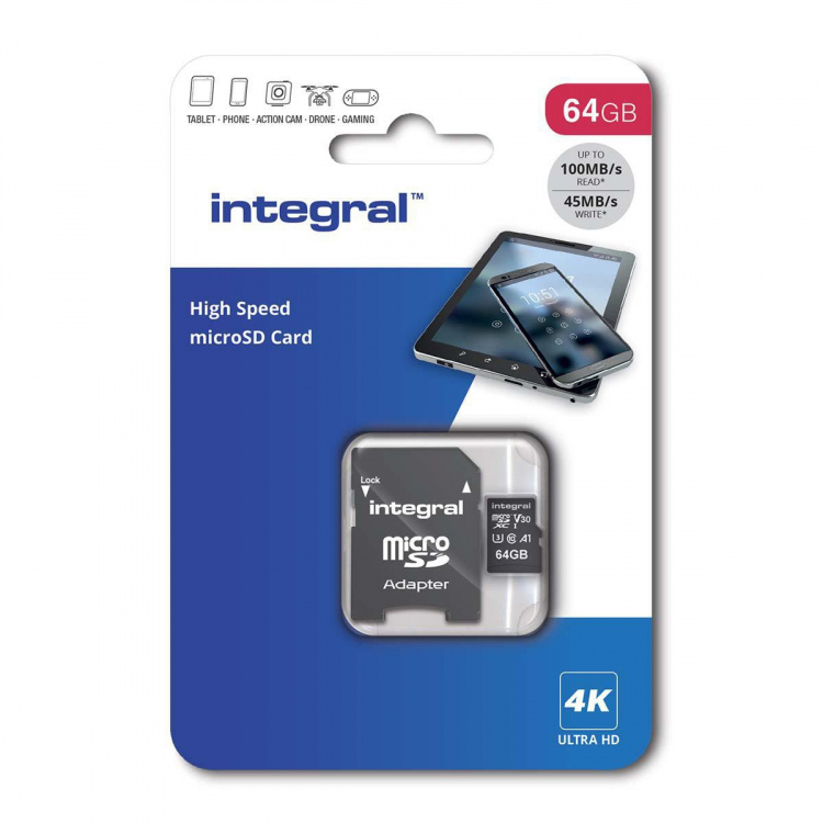 INTEGRAL 64 GB høyhastighets microSDHC/XC V30 UHS-I U3 minnekort
