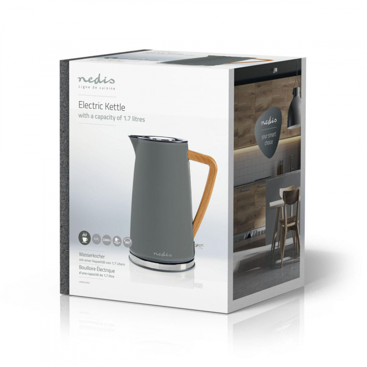 Nedis Vannkoker | 1.7 l | Soft-Touch | Grå | Roterbar 360 grader | Skjult varmeelement | Strix® kontroll | Koketørr beskyttelse Nedis Vannkoker | 1.7 l | Soft-Touch | Grå | Roterbar 360 grader | Skjult varmeelement | Strix® kontroll | Koketørr beskyttelse